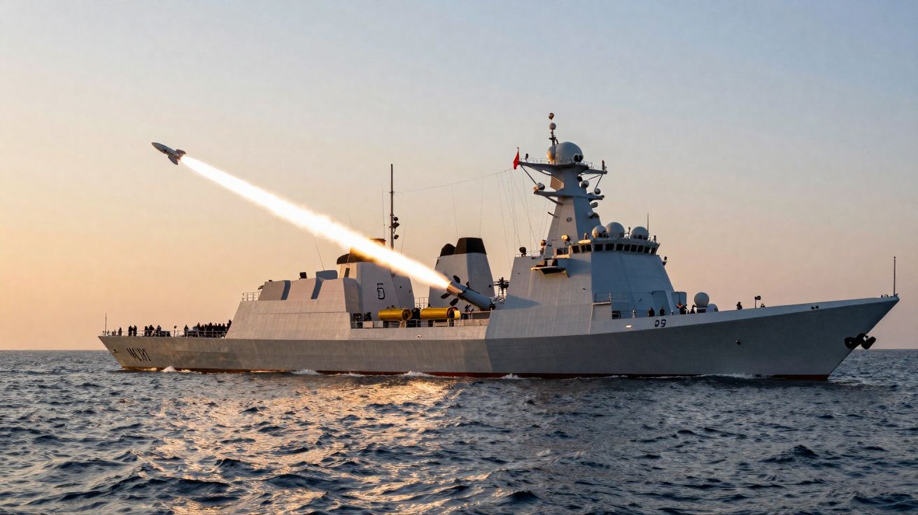 Navio de guerra moderno lançando um míssil sobre o mar ao pôr do sol.