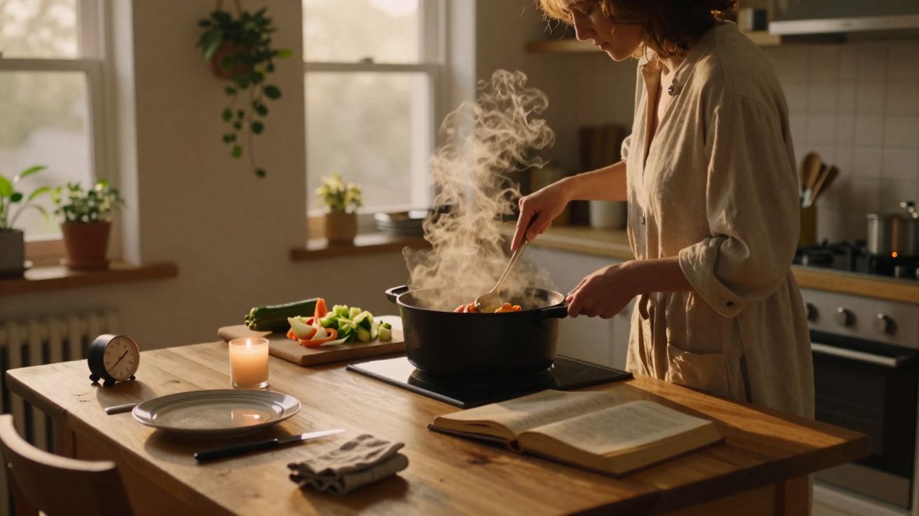 Pessoa cozinhando com panela fumegante em cozinha iluminada, com legumes e livro aberto sobre a mesa.