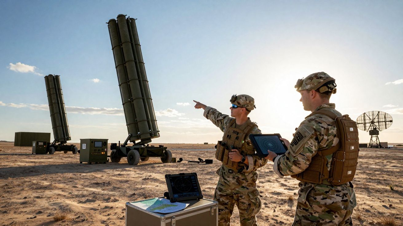 Dois soldados em uniforme camuflado operam equipamentos de radar em área desértica com lançadores de mísseis.
