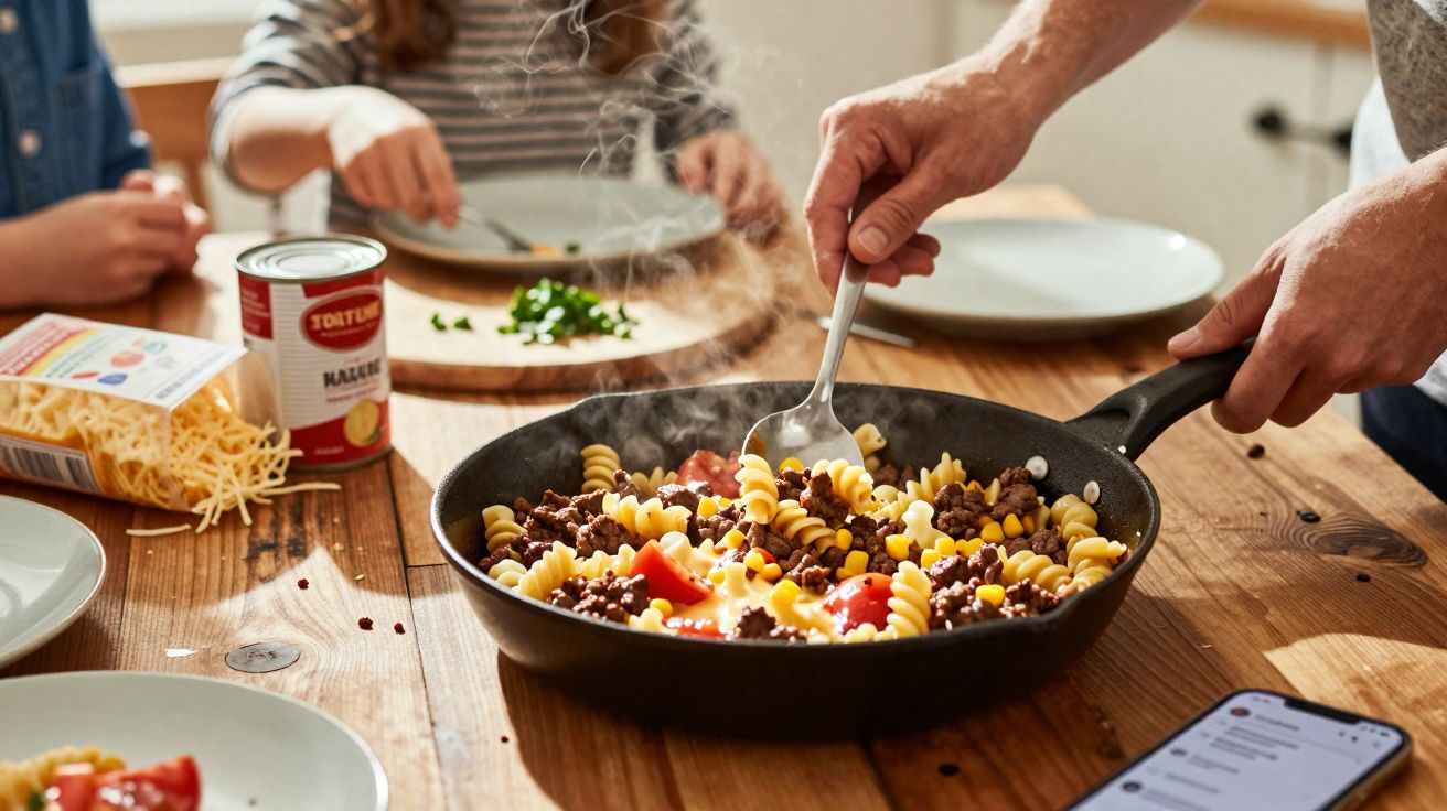 Pessoa servindo macarrão com carne moída e legumes em frigideira na mesa de madeira.