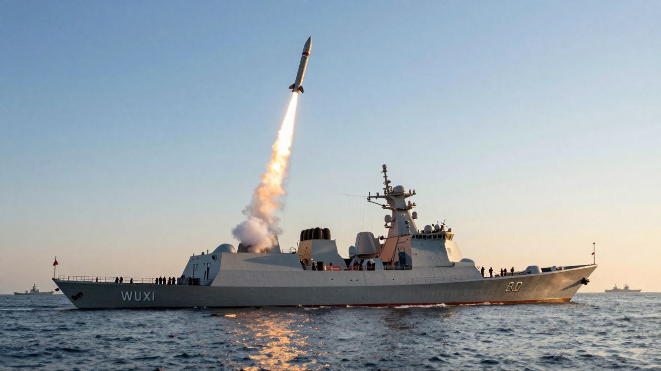 Navio de guerra Wuxi lançando míssil sobre o mar durante o dia.