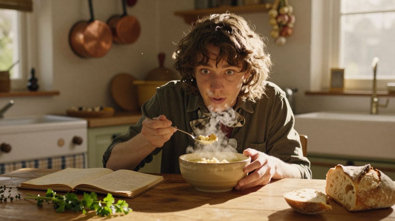 Jovem com expressão surpresa saboreia sopa quente em cozinha aconchegante com pão e livro na mesa.