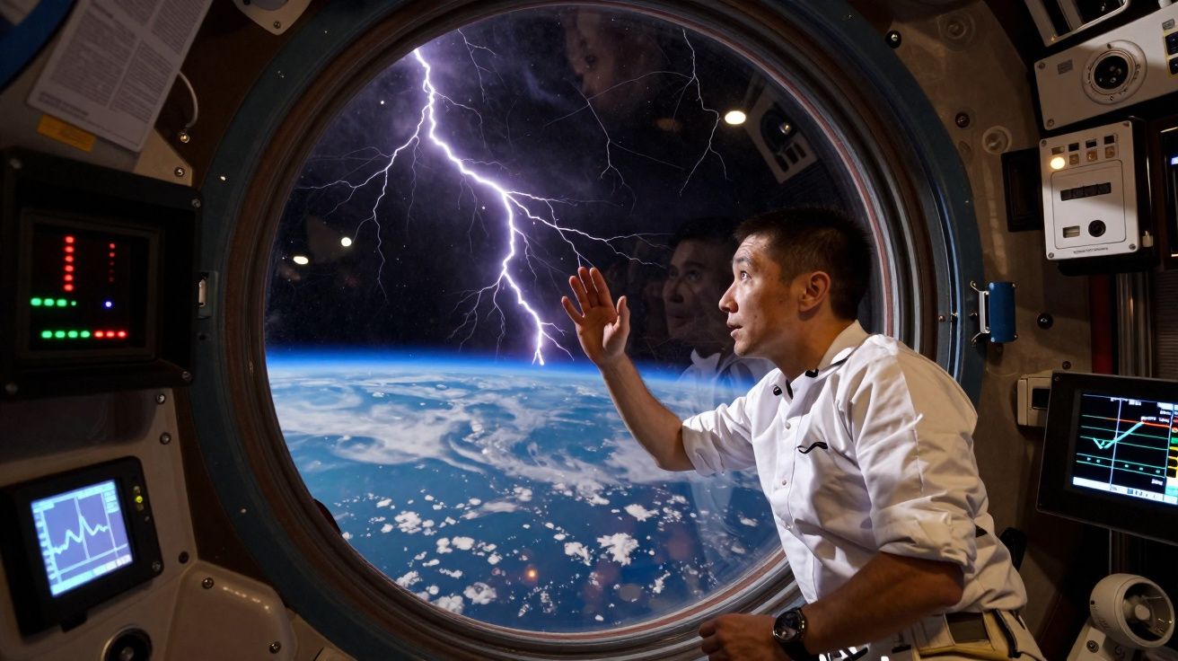 Astronauta observa um relâmpago através da janela da estação espacial com a Terra ao fundo.