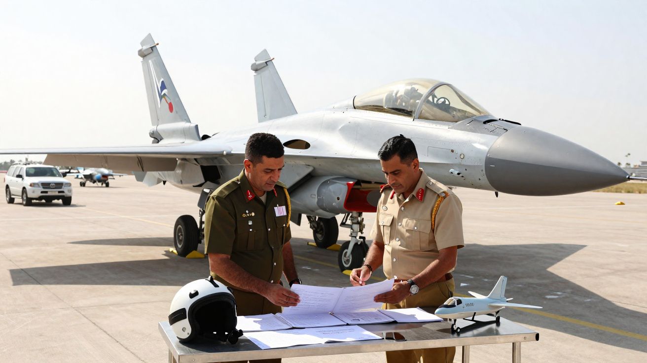 Dois militares analisam documentos em mesa à frente de jato de combate estacionado em pista.