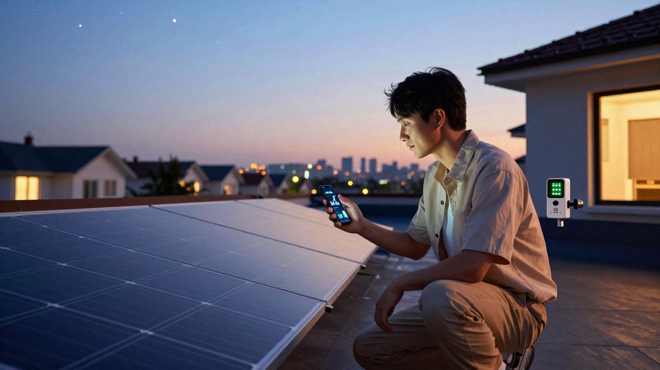 Homem verifica painel solar com celular ao anoitecer na cobertura de uma casa.