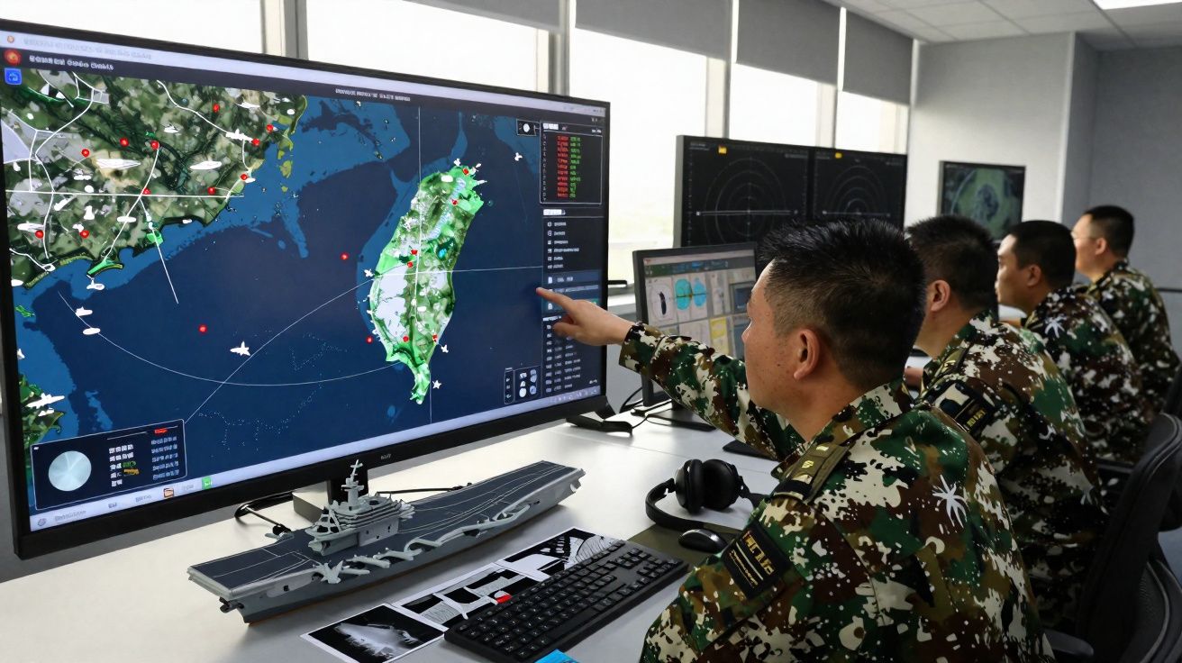 Soldados em uniforme militar analisando mapa digital e modelo de porta-aviões em sala de controle.