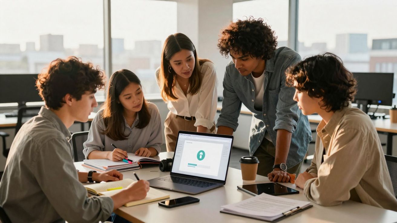 Grupo de jovens discutindo e analisando dados em laptop em sala de trabalho moderna e iluminada.