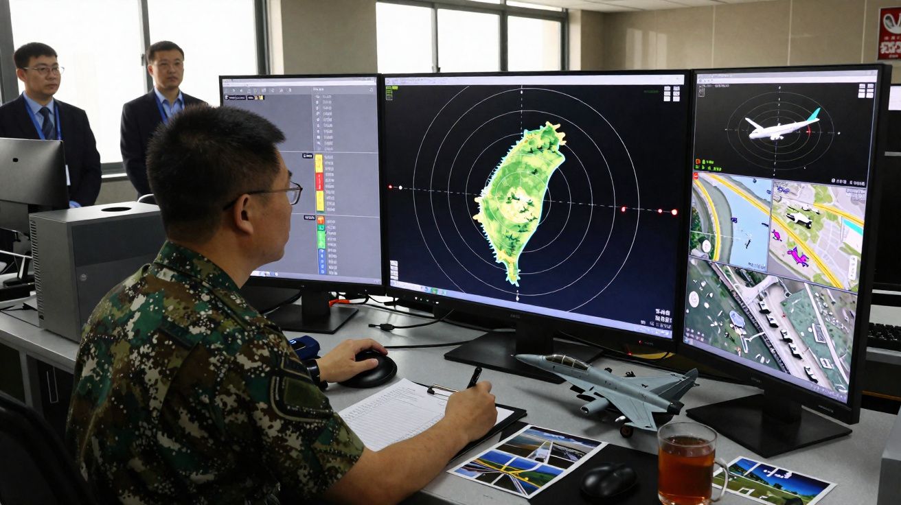Homem em uniforme militar observa radares e mapas de voo em três monitores numa sala de controle.