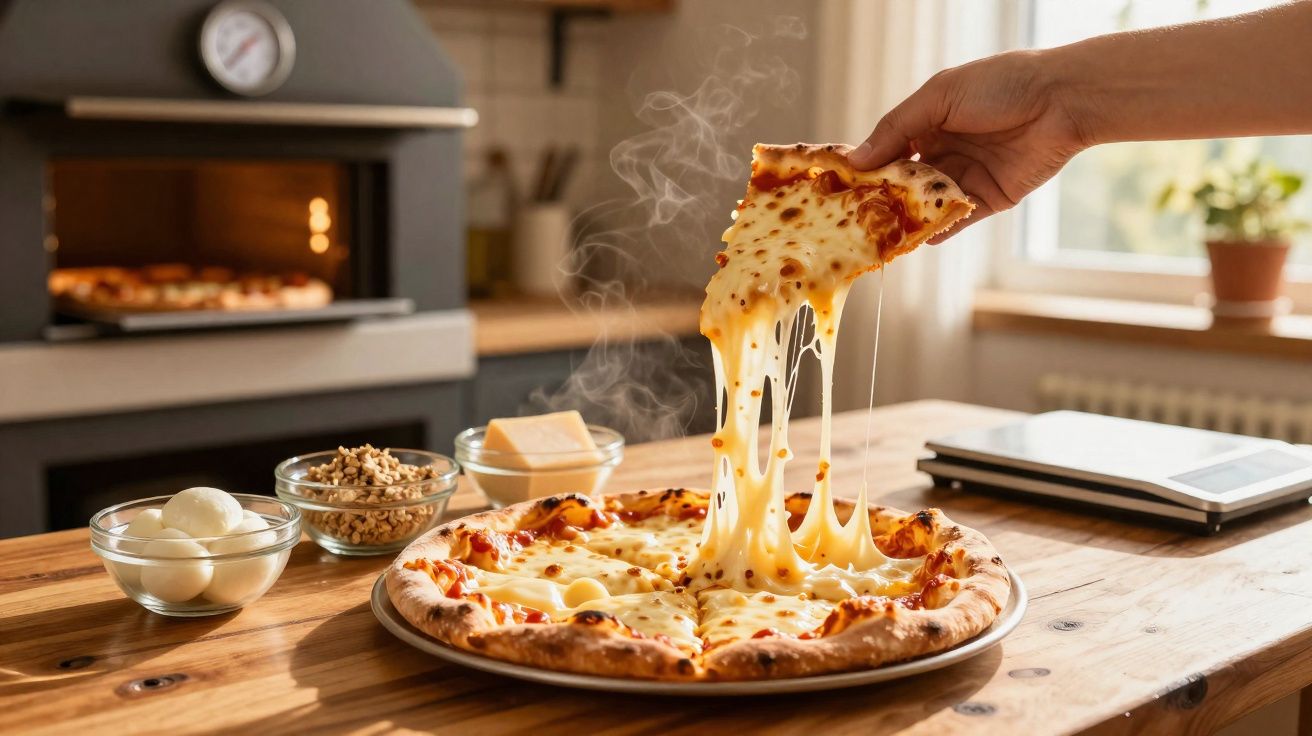Pizza de queijo quente sendo puxada, com fumaça saindo, em mesa de madeira na cozinha.