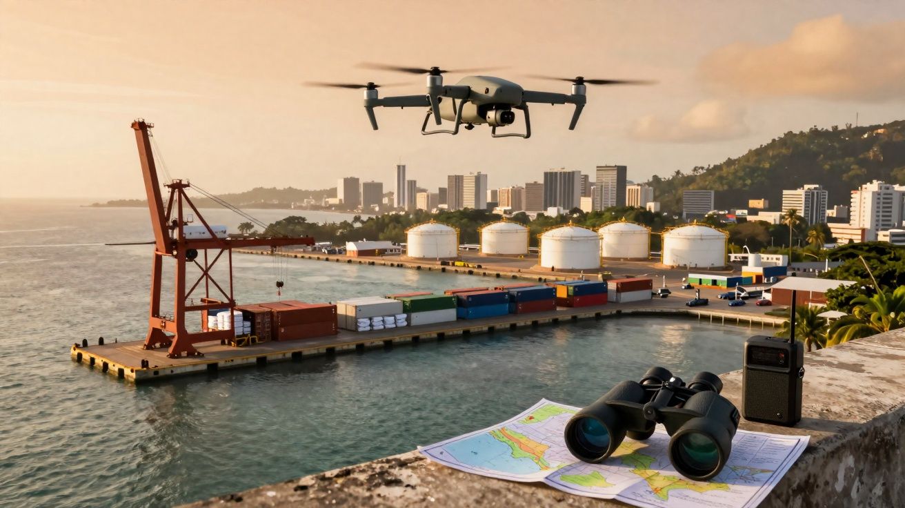Drone voando sobre porto com containers, silos e edifícios ao fundo ao pôr do sol.