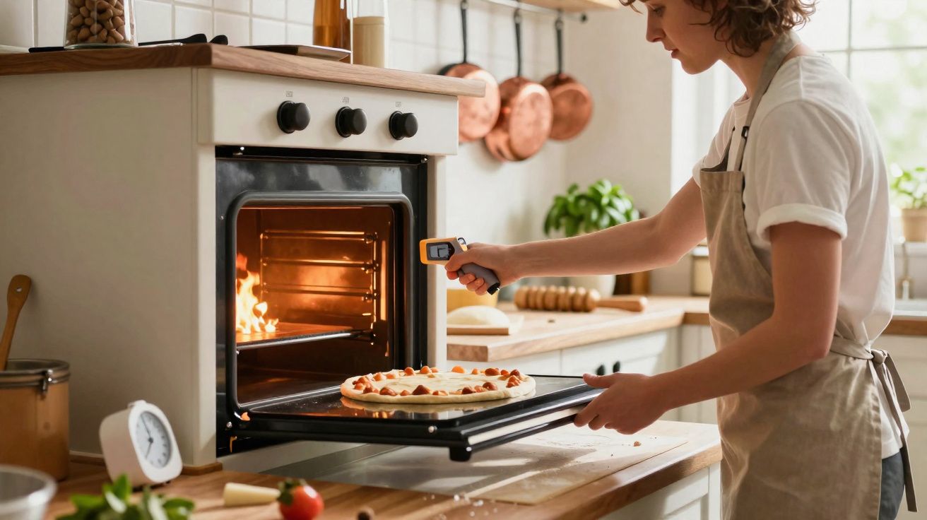 Pessoa usando termômetro de forno para assar pizza caseira em forno embutido na cozinha.