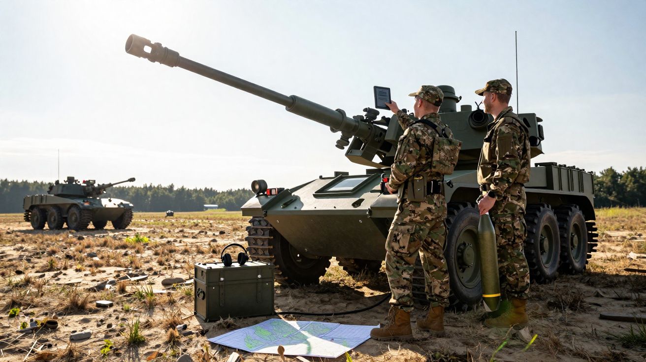 Dois soldados em uniforme camuflado operam um veículo blindado de artilharia em campo aberto.