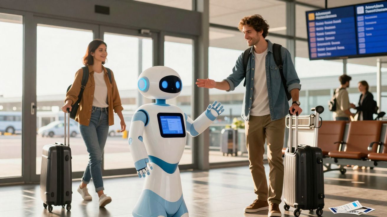 Casal com malas no aeroporto cumprimenta robô assistente com tela digital azul.