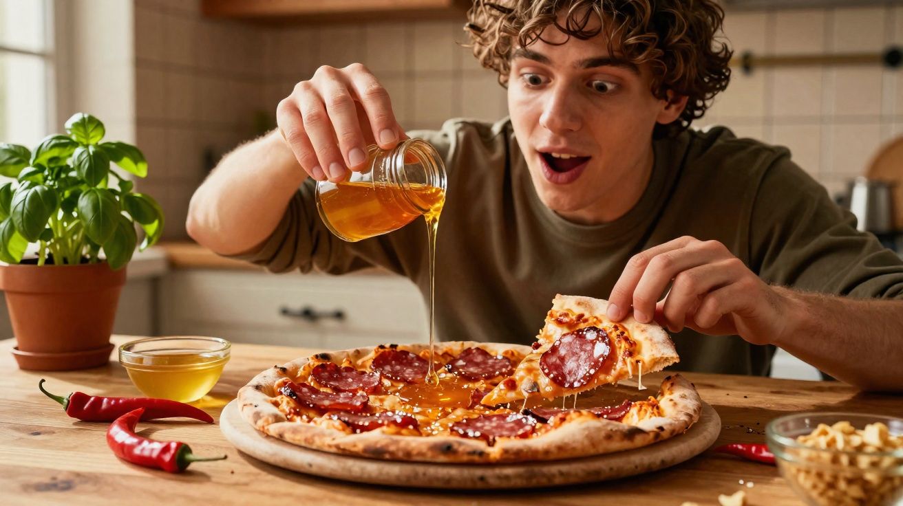 Jovem curioso derrama mel em pizza de calabresa em cozinha com plantas e pimentas na mesa.