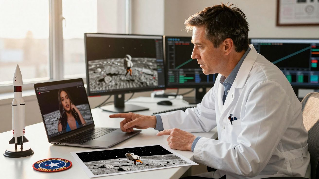 Homem em jaleco branco na mesa com laptop, monitores, foto de astronauta e modelo de foguete.