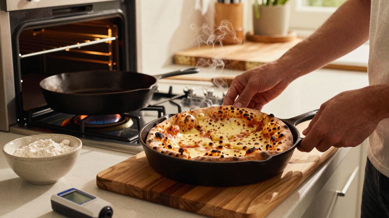 Pessoa segurando frigideira com pizza com queijo derretido recém saída do forno à gás na cozinha.
