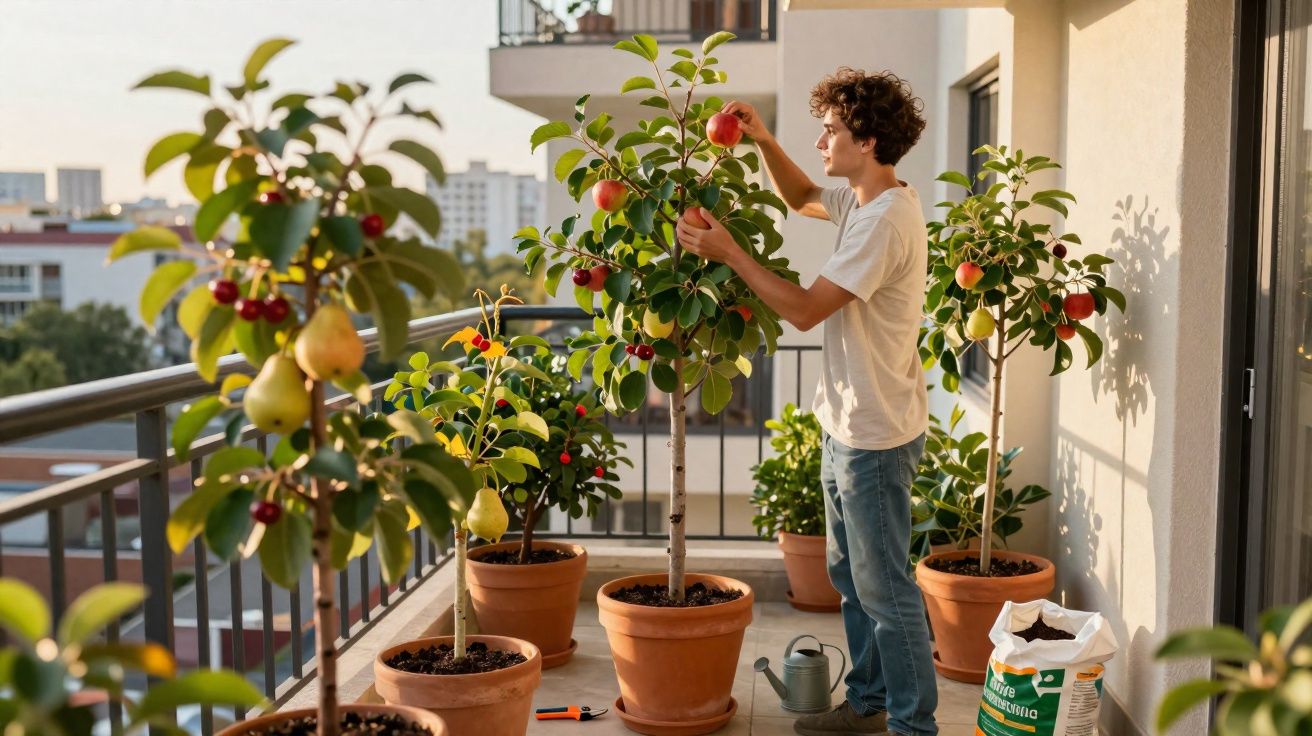 Jovem colhendo maçã em árvore frutífera no vaso, varanda com várias plantas e sacada de edifício urbano.