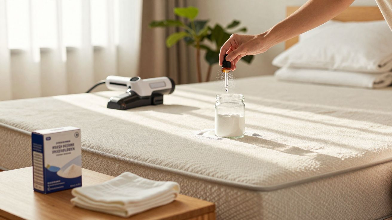 Pessoa usando conta-gotas para medir líquido em pote sobre colchão limpo com ferro e lenço na cama ao fundo.