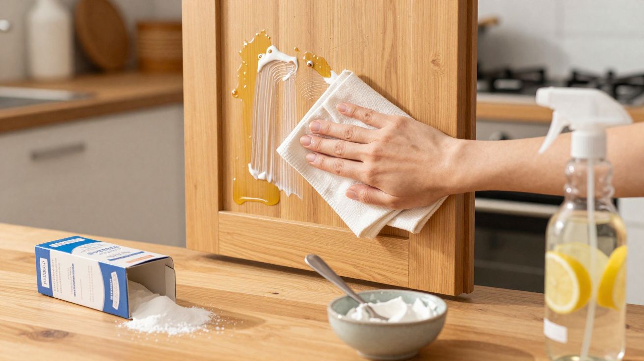 Pessoa limpando porta de armário de madeira com pano branco e produtos de limpeza na bancada da cozinha.