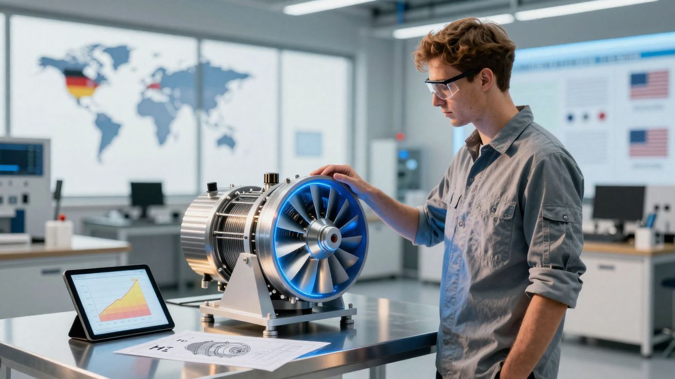 Jovem engenheiro analisando uma turbina em laboratório moderno com gráfico e desenhos técnicos na mesa.
