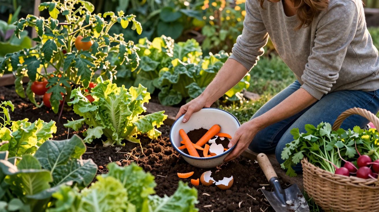 Pessoa colocando cascas de ovos e restos de cenoura no solo de um jardim com verduras e leguminosas.