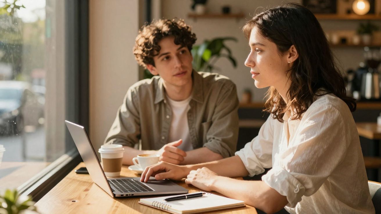Duas pessoas jovens conversando e trabalhando em laptop em cafeteria iluminada pela luz natural.