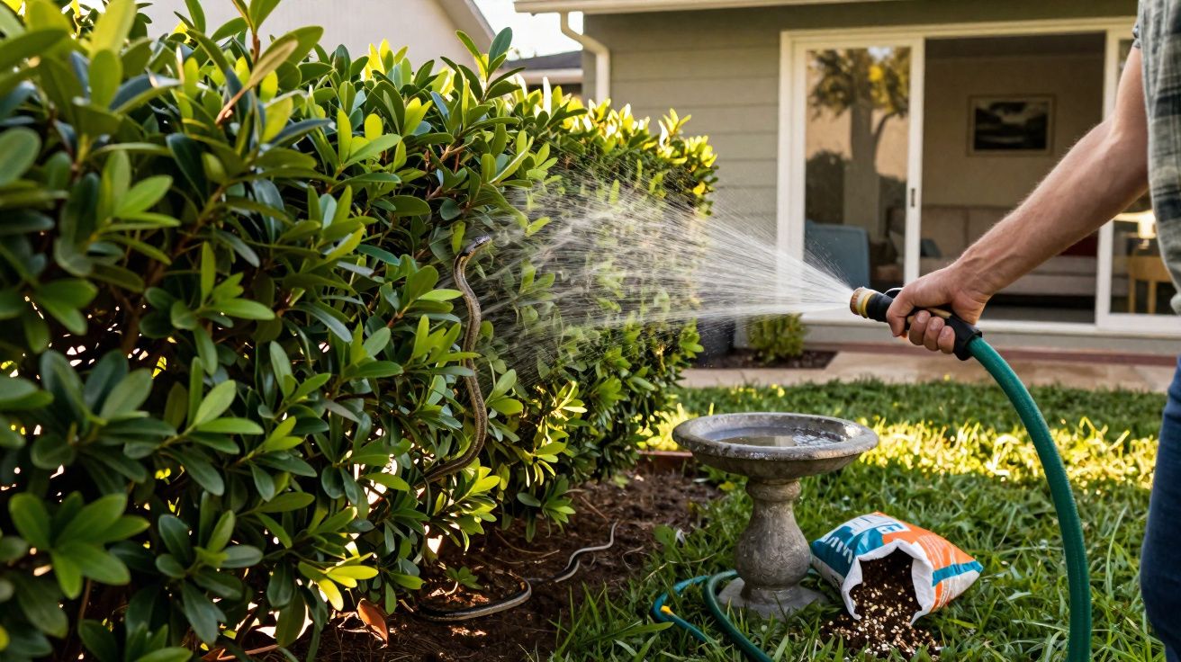 Pessoa regando planta em jardim, enquanto uma cobra está escondida entre os arbustos próximos.