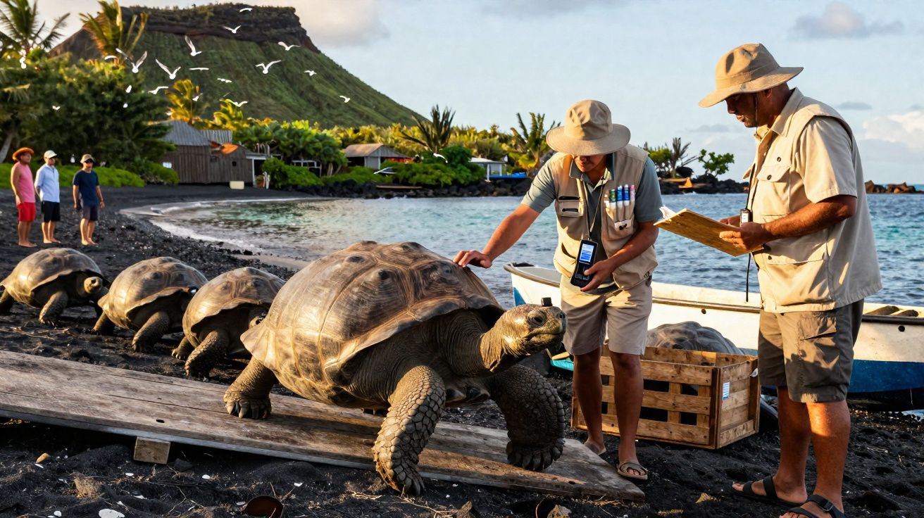 Tartarugas gigantes sendo monitoradas por pesquisadores em praia com turistas e vegetação ao fundo.