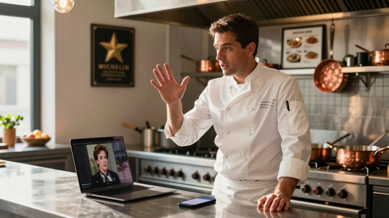 Chef de cozinha em uniforme branco dando aula online na cozinha profissional com laptop aberto.