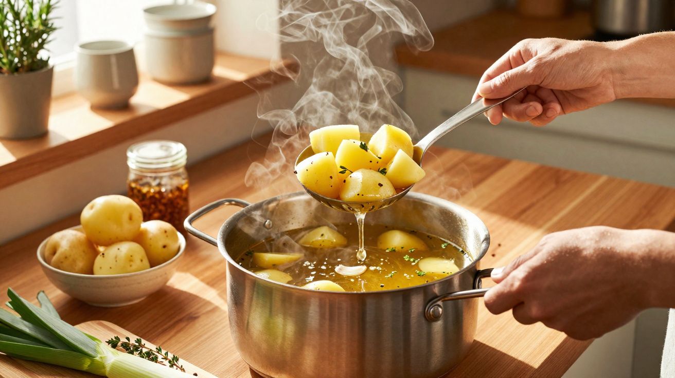 Mãos segurando concha com batatas cozidas e calda saindo de panela de sopa quente em cozinha iluminada.