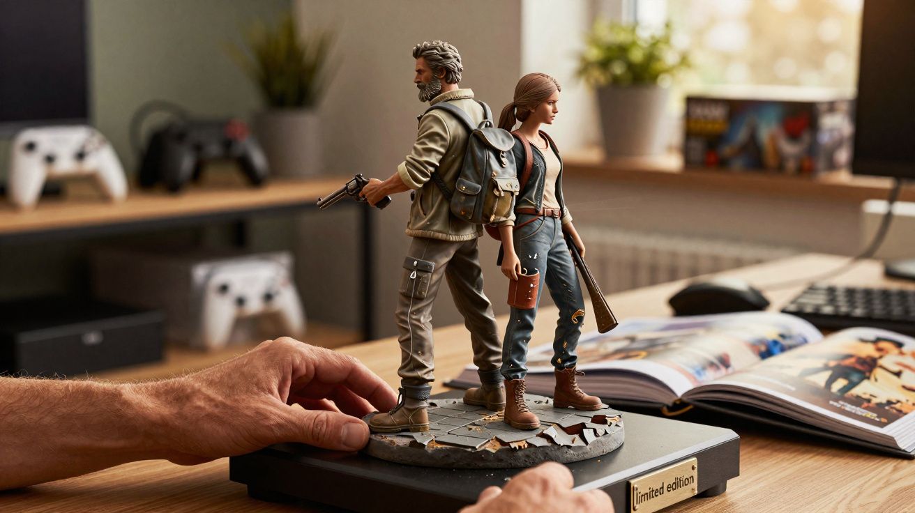 Estatuetas de personagens masculinos e femininos de jogo em pedestal com mão ajustando, em mesa com livro aberto.