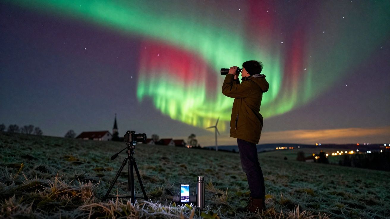 Pessoa observa a aurora boreal com binóculos em campo durante a noite, com câmera e lanterna no chão.