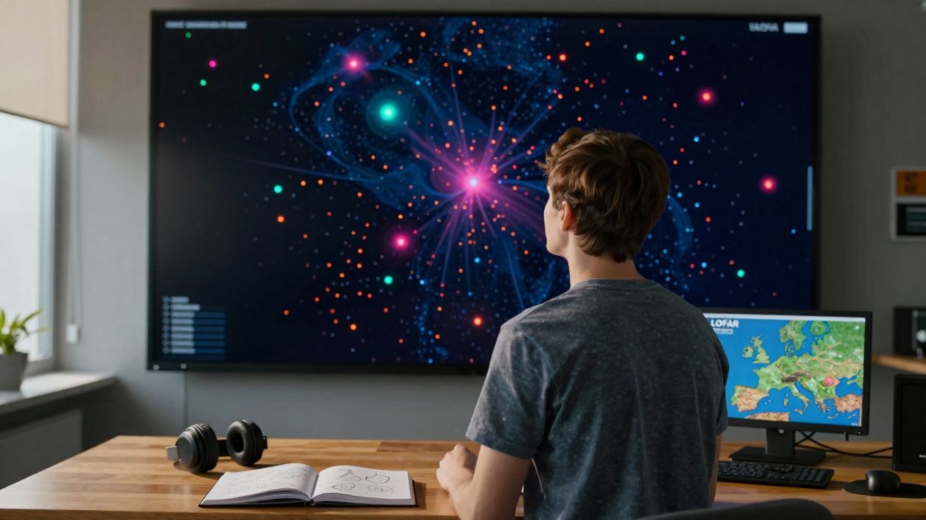 Jovem observa mapa estelar colorido em grande tela, com notebook e fones sobre mesa de madeira.