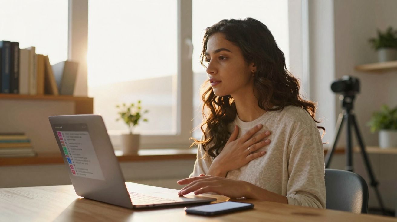 Mulher jovem fazendo videochamada em notebook, sentada à mesa em ambiente claro e organizado.