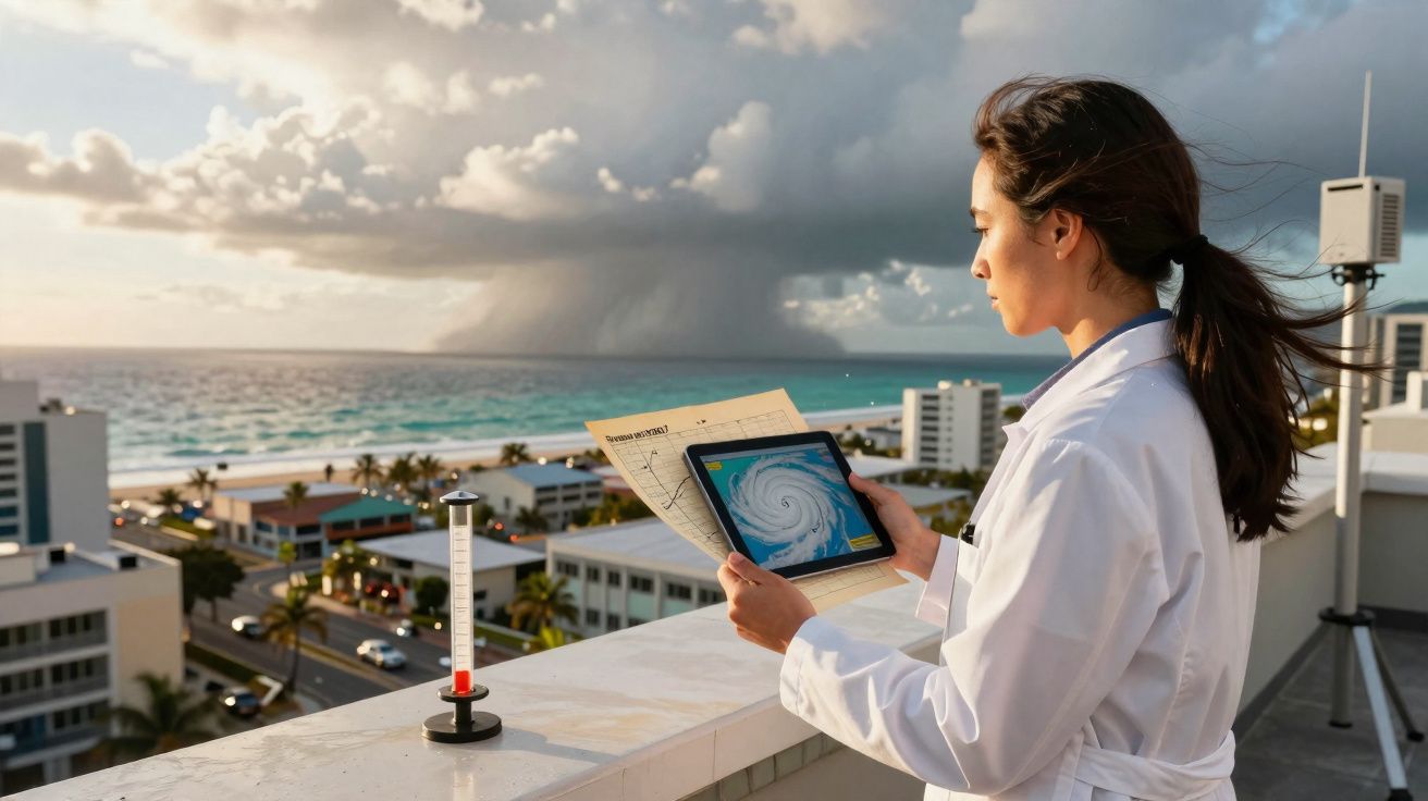 Mulher cientista com jaleco observa imagens de furacão em tablet na varanda com vista para o mar e prédios.