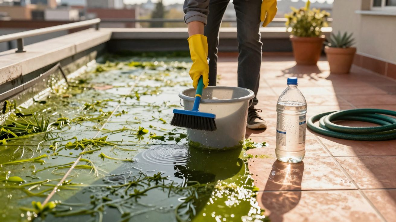 Pessoa usando luvas amarelas limpando piscina pequena com escova, balde e garrafa na varanda.