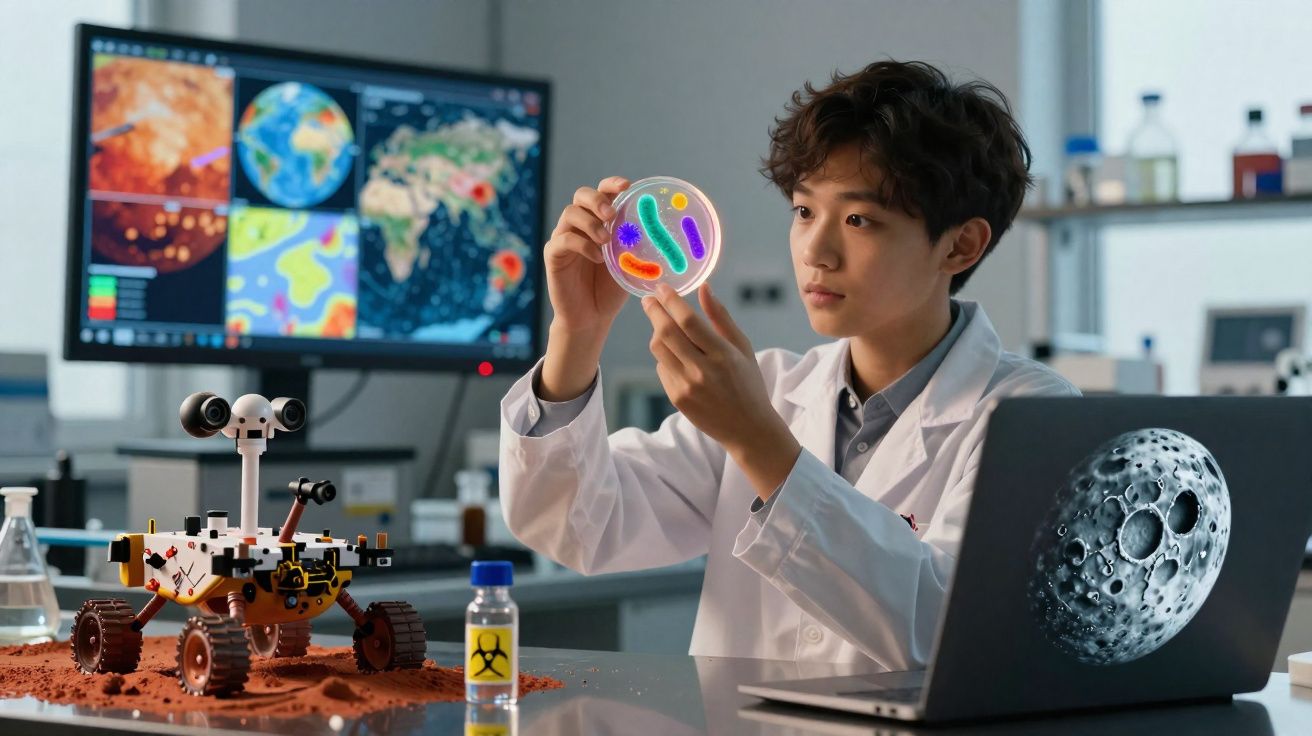 Cientista jovem observa placa de petri com microrganismos coloridos em laboratório com rover e laptop.