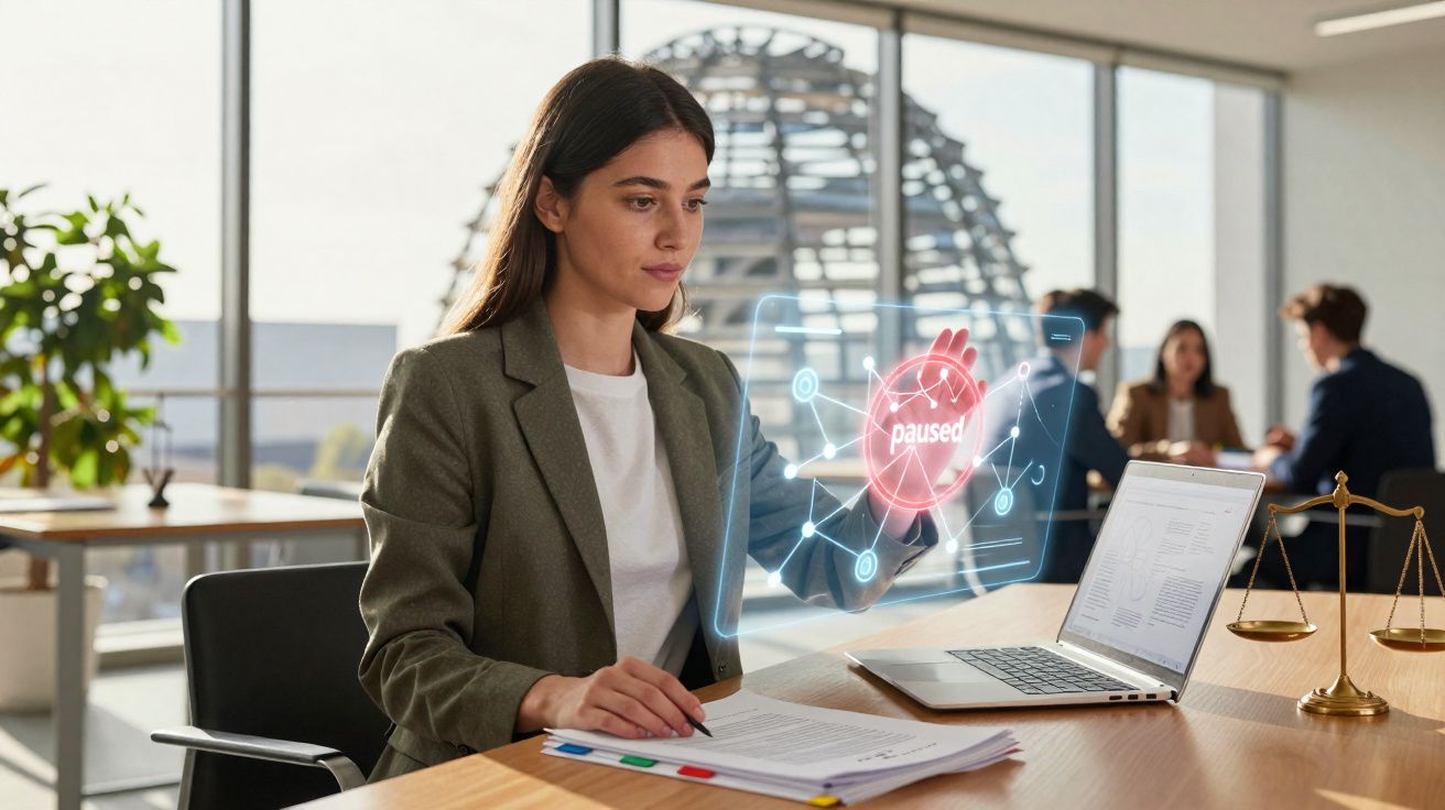 Mulher em escritório interagindo com holograma digital vermelho escrito "paused" ao lado de notebook.