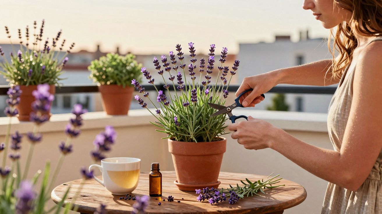 Mulher colhendo flores de lavanda em vaso sobre mesa de madeira ao ar livre ao entardecer.