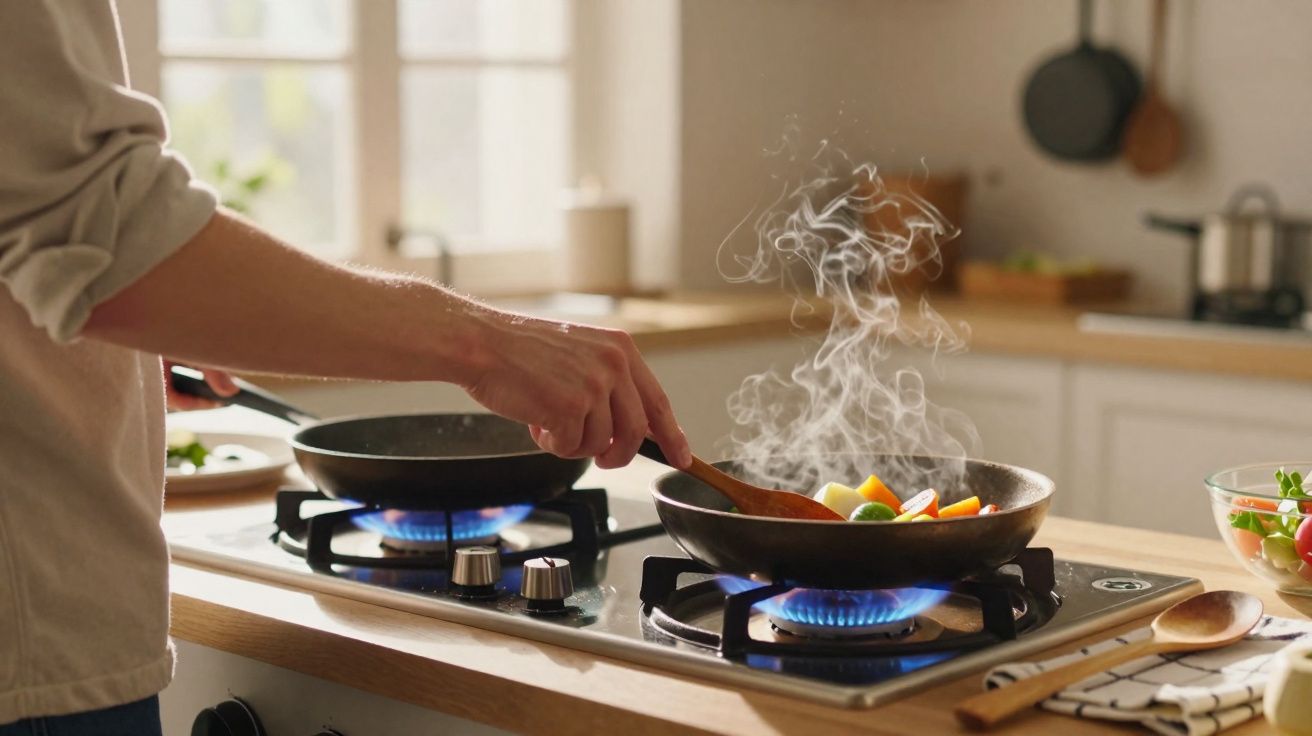 Pessoa mexendo legumes em frigideira no fogão a gás em cozinha iluminada natural.