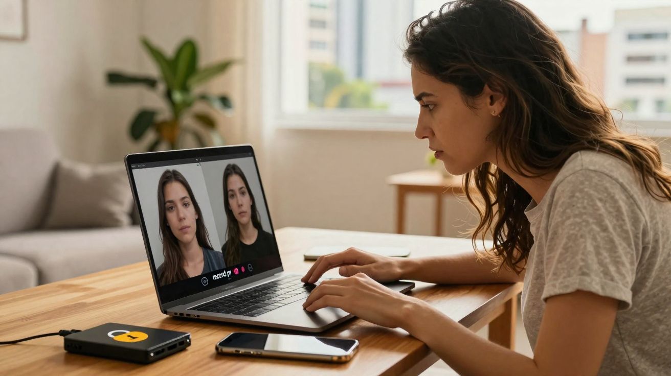 Mulher jovem usando laptop para videoconferência, sentada em mesa de madeira em ambiente interno.