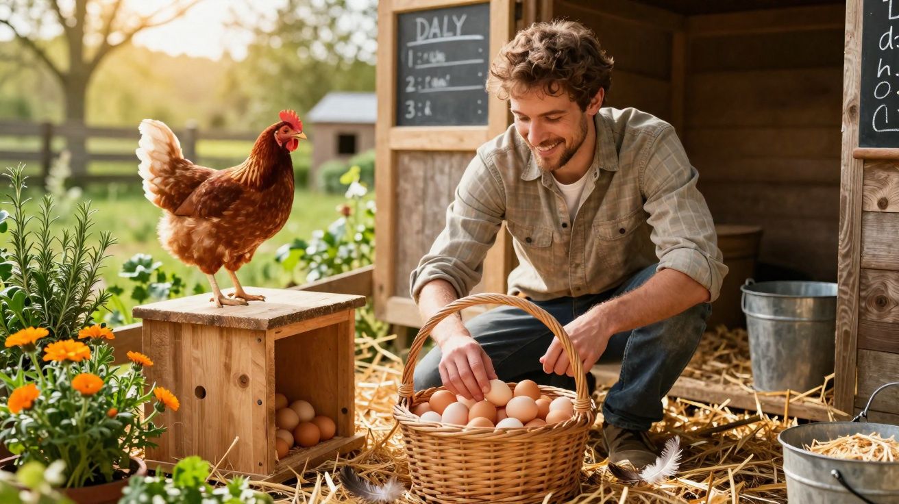 Homem sorridente recolhendo ovos em uma cesta dentro de galinheiro com galinha e flores ao redor.