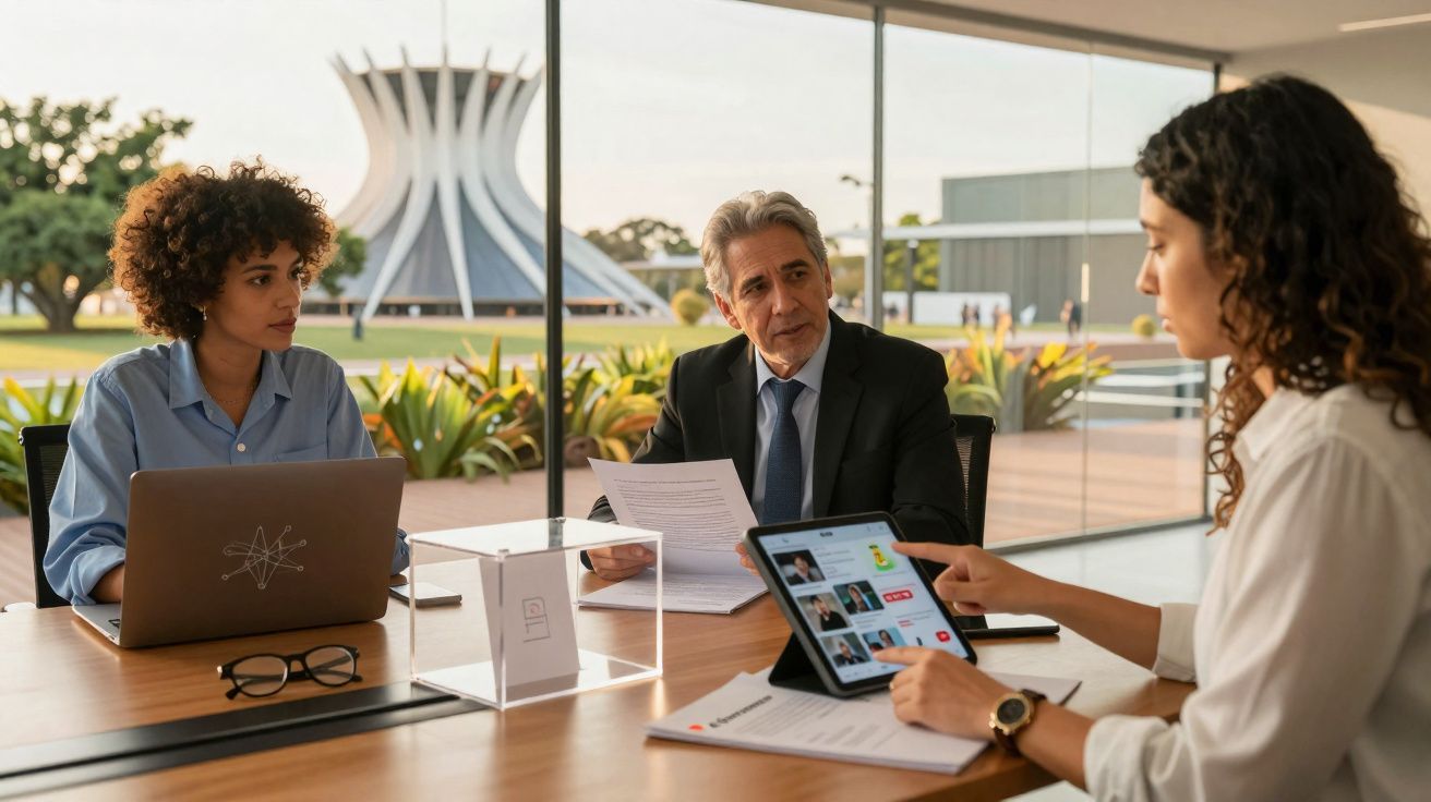 Três profissionais discutindo documentos e dados em reunião com vista para o Museu da República, Brasília.