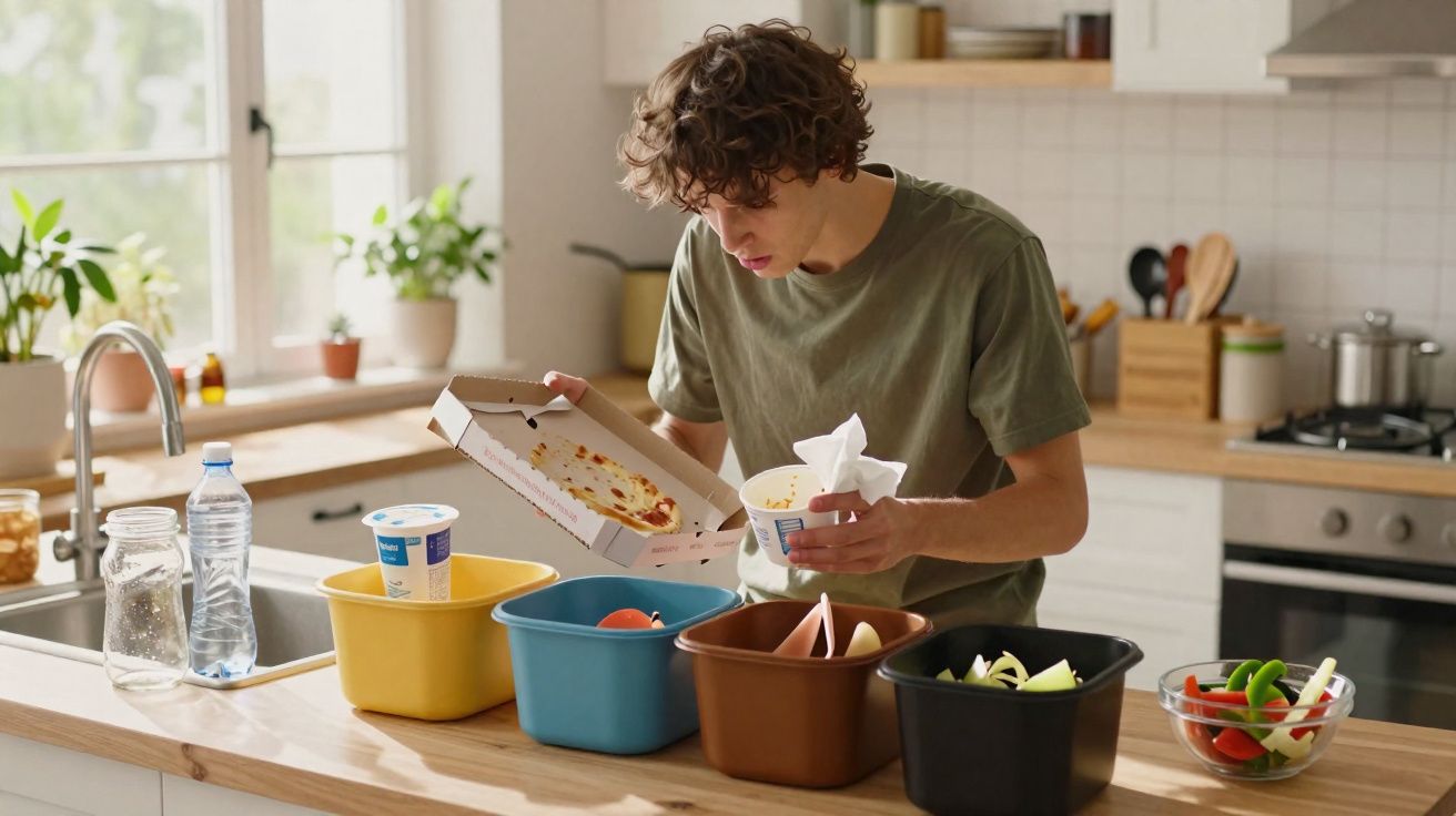 Homem jovem organiza lixo reciclável em diferentes recipientes na cozinha iluminada por luz natural.