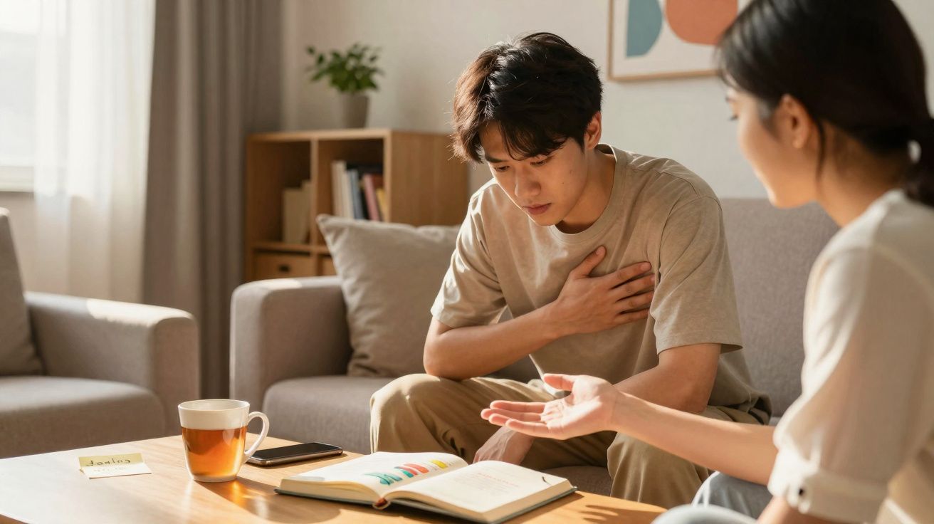 Homem com dor no peito conversa com mulher em ambiente doméstico, com livro aberto e chá na mesa.