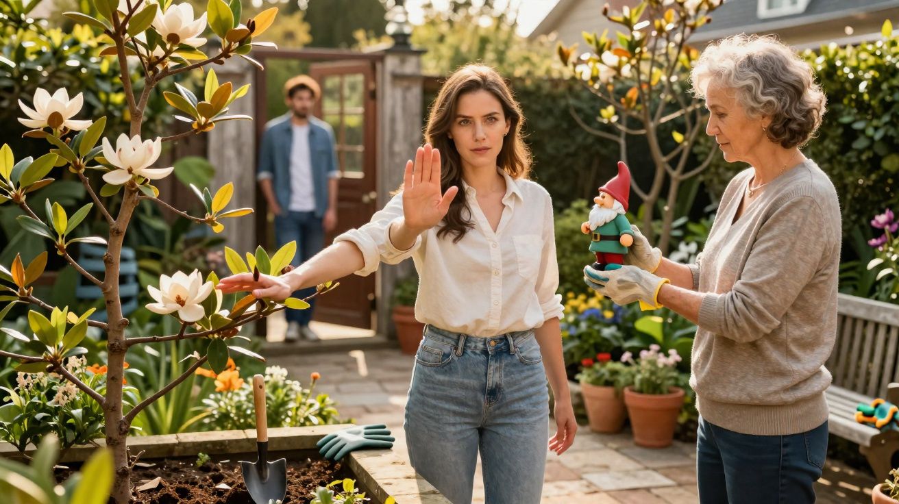 Mulher jovem gesticula para parar enquanto mulher mais velha segura gnomo de jardim em jardim com homem ao fundo.