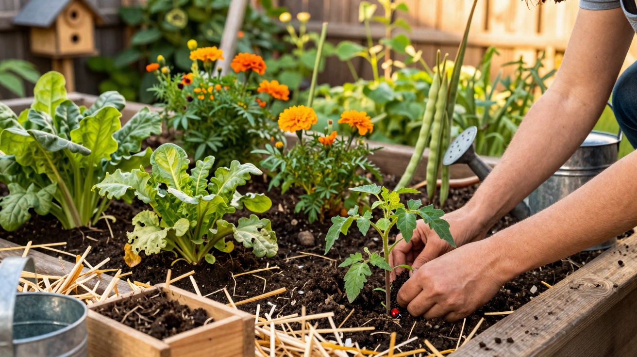Pessoa plantando muda de tomate em horta com vegetais e flores em canteiro elevado de madeira.