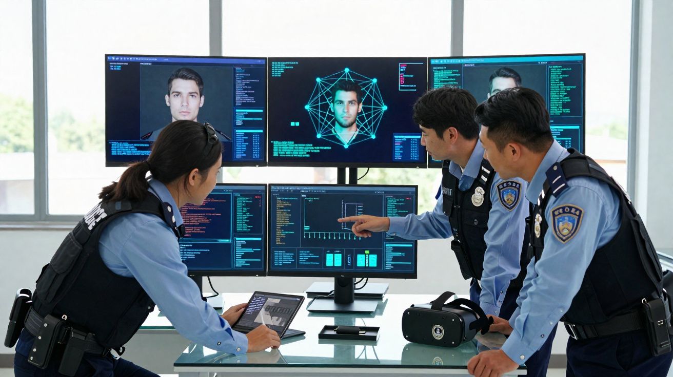 Policiais em sala analisando dados e reconhecimento facial em múltiplas telas de computador.