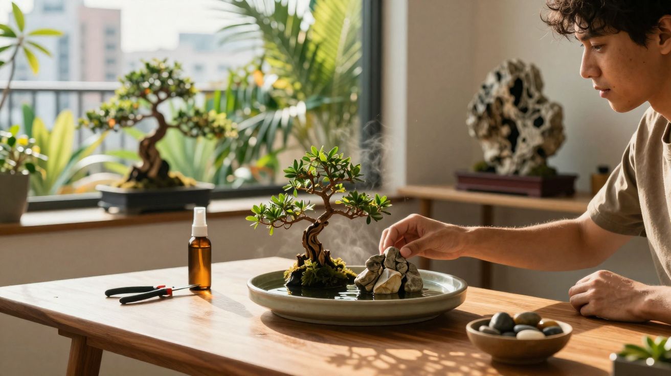 Pessoa cuidando de árvore bonsai em vaso com pedras decorativas sobre mesa de madeira em ambiente iluminado.