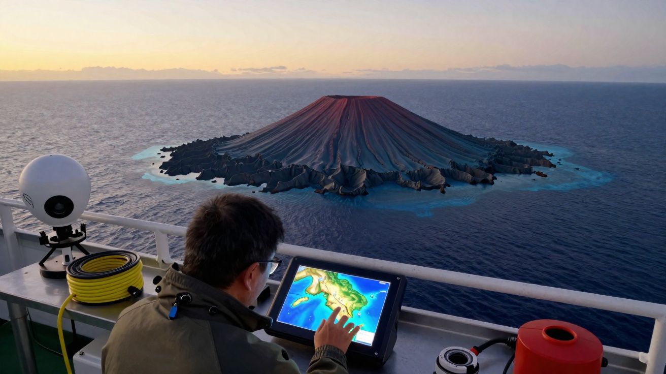 Pessoa em navio operando tablet com mapa digital enquanto observa ilha vulcânica cercada pelo mar ao entardecer.
